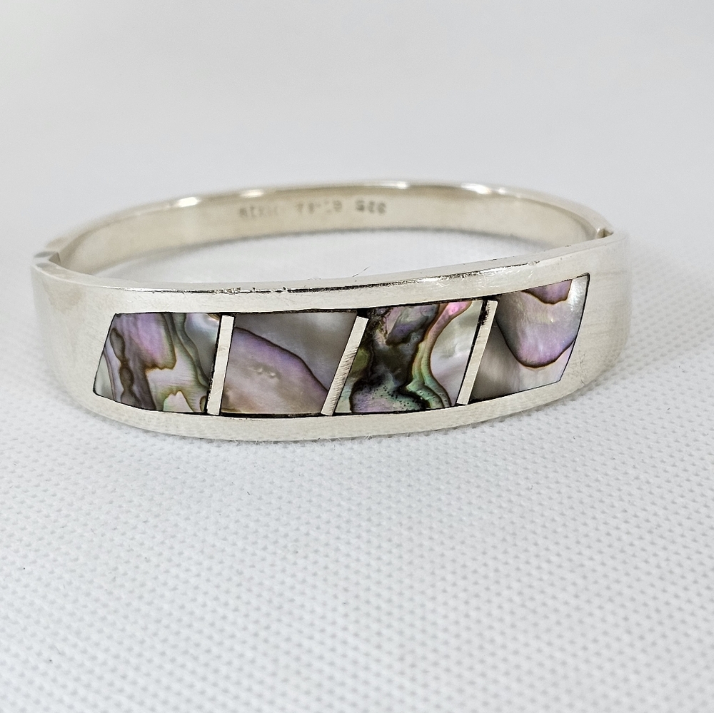 Gorgeous Vintage Abalone Inlaid Hinged Bracelet Sterling Silver! 43.3 Grams